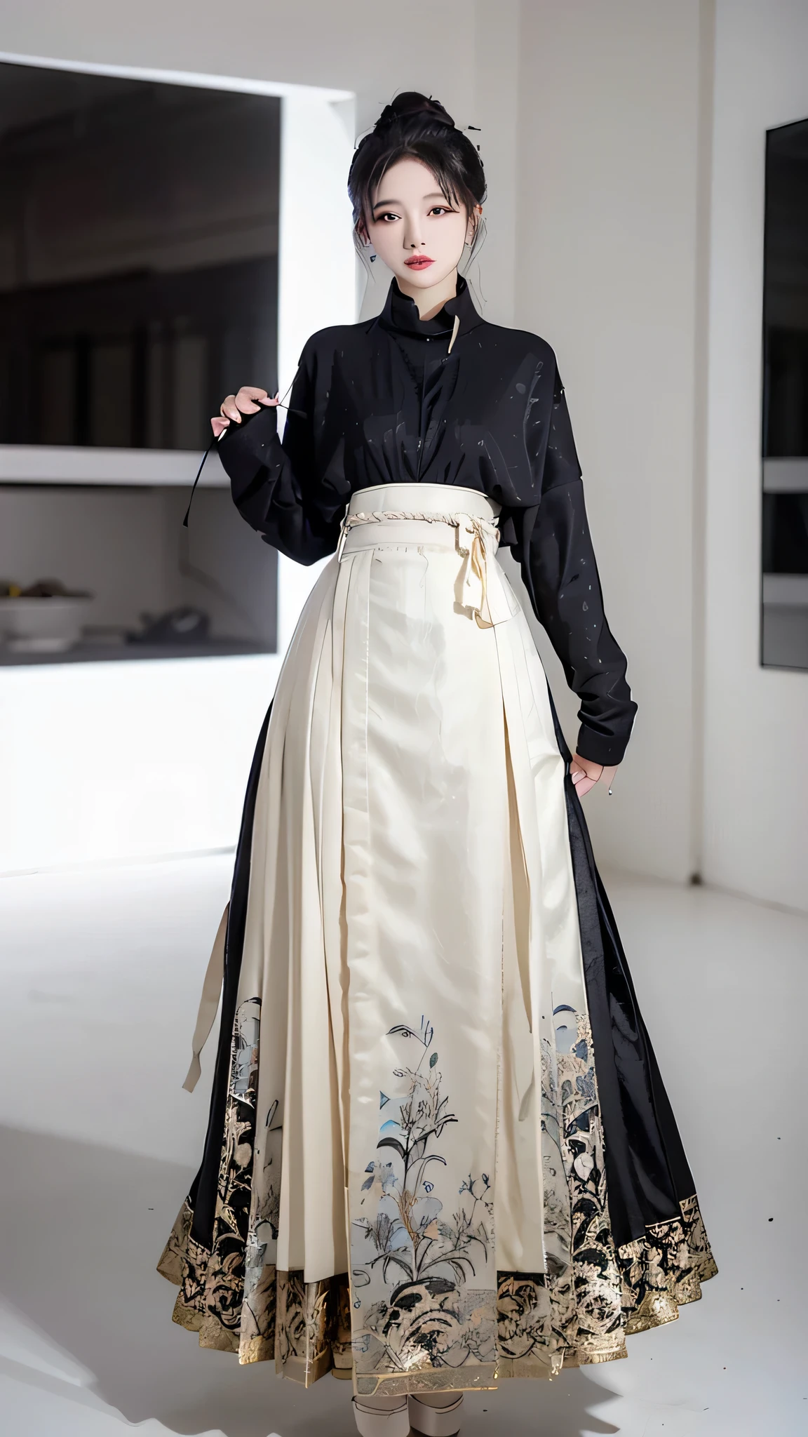 black and white colors,Exquisite,Dress conservatively,Turtleneck shirt,fashion design,Long coat,With laces,Wear loose pants,Multi-folded,fashionable,Loose,Full body standing,Extremely detailed, masterpiece, Top quality, best quality, High resolution, 4k, 8K, RAW photos, ((theme:1.2))