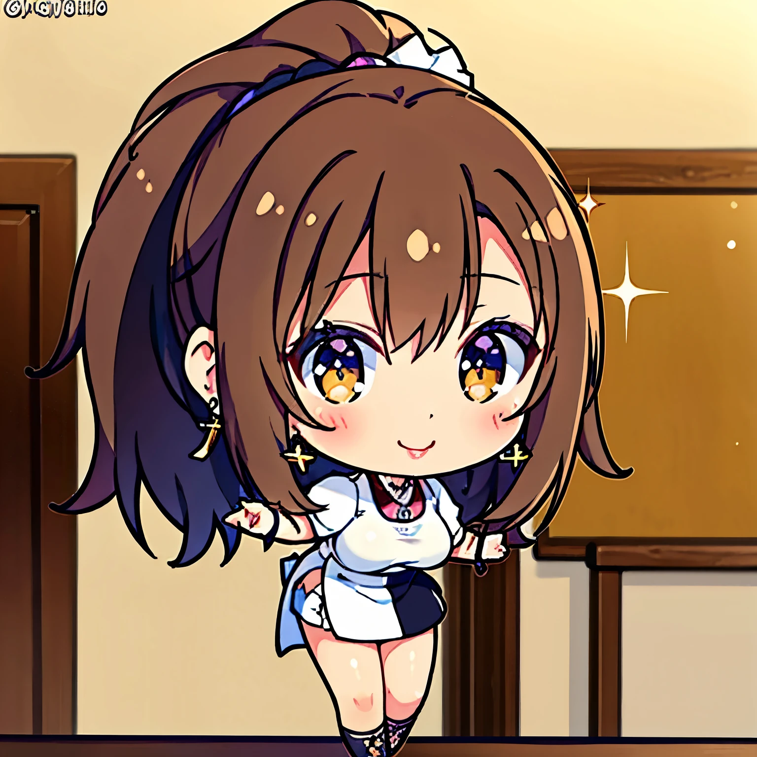 {{masterpiece}}, {{best quality}}, {ultra-detailed}, {{sexy}}, {ero}, chibi, hospital, a pretty woman, solo, nurse, beautiful light brown hair, beautiful brown eyes, {beautiful eyes}, white-skinned, ponytail, lip, earrings, smile, sparkling effect, shiny