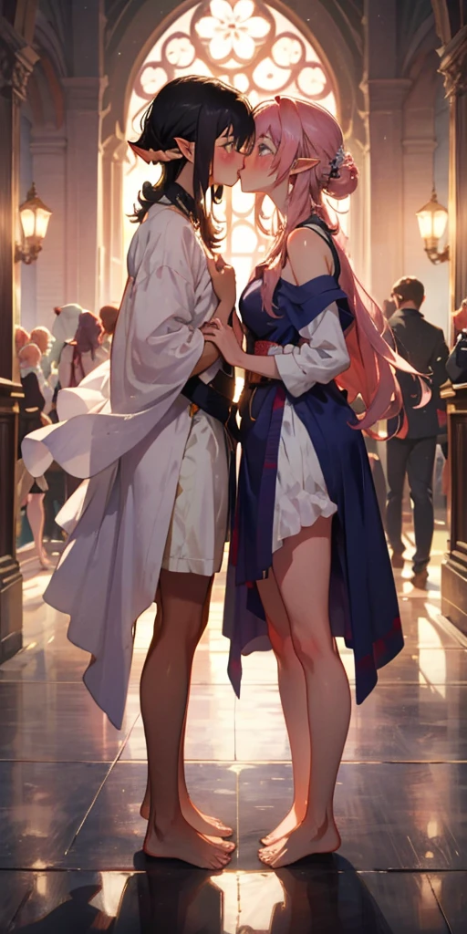 Body position: Standing, straight, symmetrical, barefoot, Lustful smile on face with red blush, 2 girls who gets married and stands in front of many people, kissing, purple skin drow elves