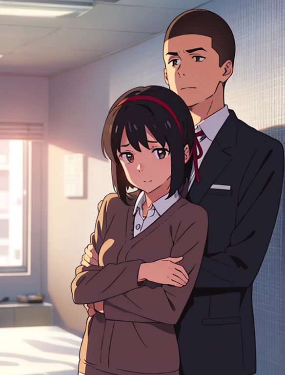 shinkai makoto, kimi no na wa., 1boy, buzzcut,office suit, boy buzzcut passionate hug, buzzcut boy is hugging from behind, 1girl, long sleeved white, red ribbon on the collar, medium breast, shirt tucked down, short hair,hairband, hair ribbon , black hair, brown eyes, cowboyshot, close up, bedroom,