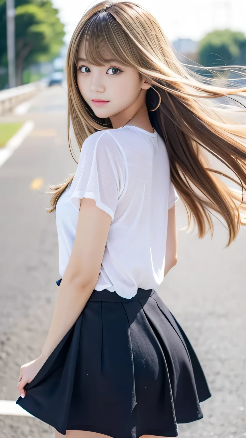 Sexy Big 、Sexy cute looks and cute beautiful girl, beautiful and sexy face、A strong wind blows my hair in front of my face、With straight blonde hair、beautiful, Cute and sexy eyes hidden behind long bangs、mini skirt