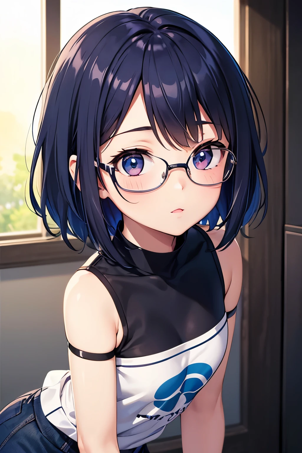 1girl,This detailed CG illustration at 8k resolution is of the highest quality and offers ultra-detailed detail. tetas con una altura de 2 y 1.0 centimeters and a thickness of 8.54 centimeters. El Messy Short Hair, personaje destaca (con su cabello azul oscuro y Azul acero y Azul regio y Azul) y (sus ojos morados y Violeta color) y Magenta, creando un contraste llamativo. Wear glasses and years women's bermuda mom men's t-shirt