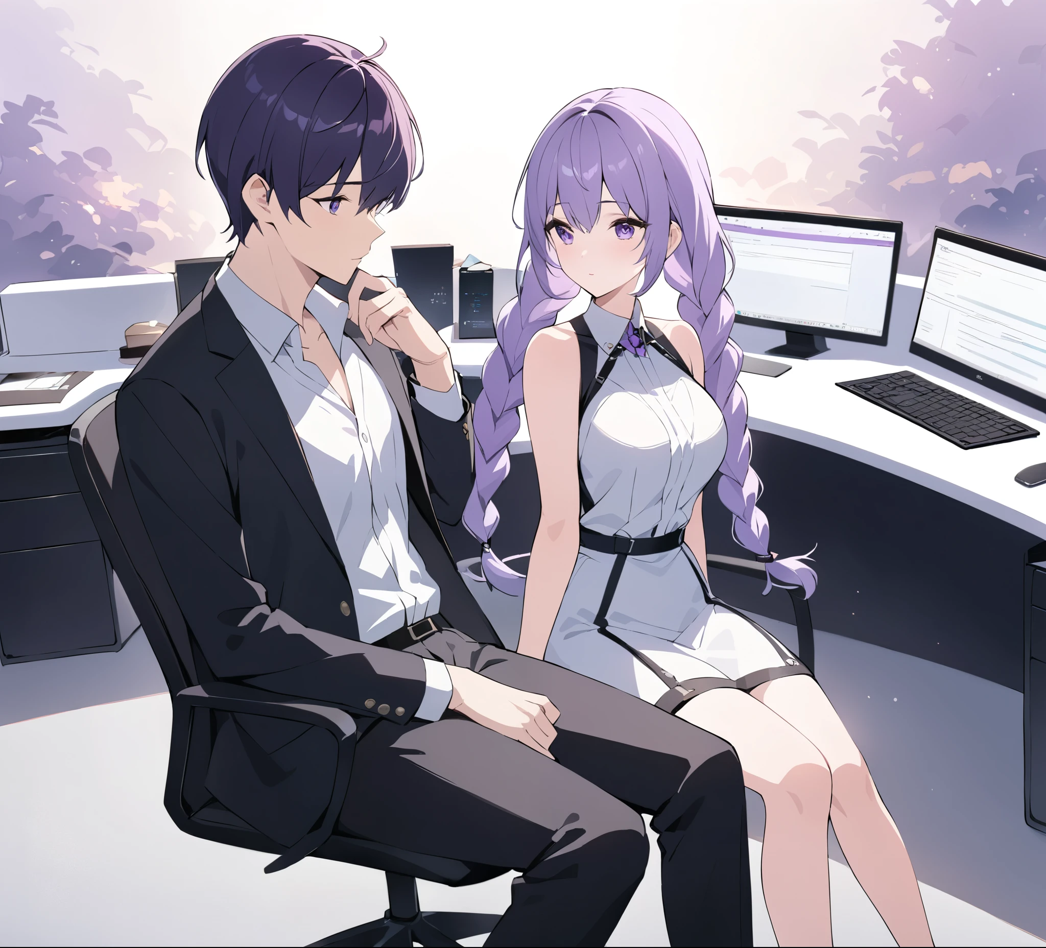 A captivating illustration portraying a blossoming romance between a man and a woman((1 male, 1 woman with purple and white gradient double braids)) in the office. The art form resembles a subtle and sophisticated digital painting, capturing the nuances of their relationship. The scene is set in a modern office space, with sleek desks, computers, and a backdrop of bustling professionals. The man and woman are seated close to each other, engrossed in a heartfelt conversation. Their body language exudes warmth and familiarity, hinting at their connection. Soft, natural lighting fills the room, creating a warm and inviting atmosphere. The overall result is a tender depiction of an office romance, showcasing the delicate balance between work and love in a professional setting.