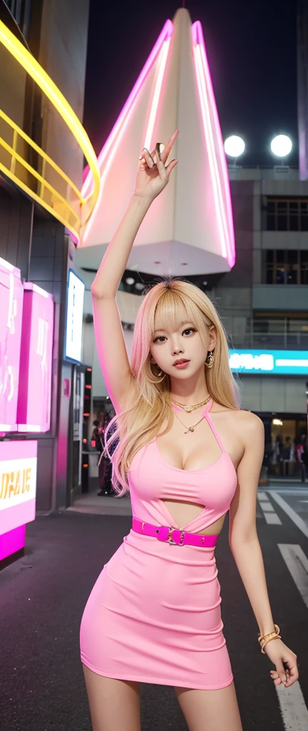 tall sports idol girl、whole body、Good style、、、、、、、、Fluorescent pink and yellow sheath mini dress、Take off the shoulders、、pink blonde、、、network belt
