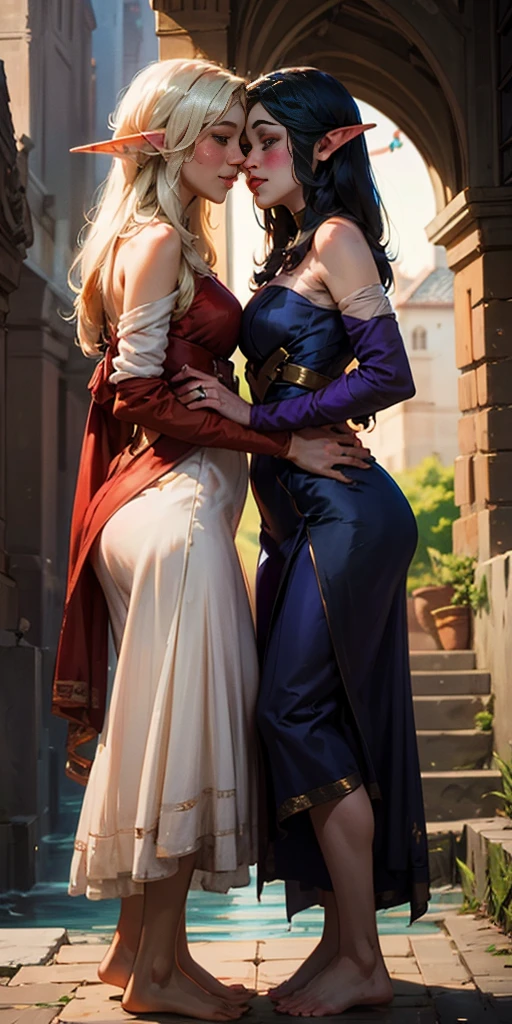 Body position: Standing, straight, symmetrical, barefoot, Lustful smile on face with red blush, 2 girls who gets married and stands in front of many people, kissing, purple skin drow elves