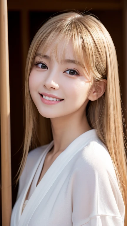 (8k、Raw photo、highest quality、masterpiece:1.2)、(Realistic、Photorealistic:1.37)、Ultra-detailed、超A high resolution、1 girl、Seeing the viewer、Beautifully detailed face、Laughter、narrow、(Slim waist) :1.3)、Beautifully detailed skin、Skin Texture、Floating Hair、Professional Lighting、Human whole body、Japanese Height 、Smile、Pink Lips,Brown eyes、Blonde beauty、Kyudo衣装、Kyudo