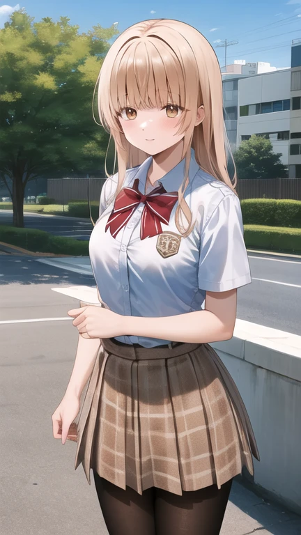 masterpiece, best quality, highres, Shiina Mahiru, long hair, red bowtie, white shirt, short sleeves, plaid skirt, brown skirt, pantyhose, standing, cowboy shot, outdoors