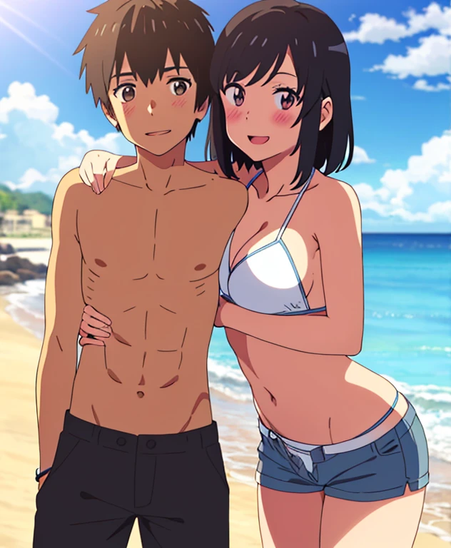 shinkai makoto, kimi no na wa., 1boy buzzcut, blush, muscular, shorts, hug from behind, 1girl, bangs, black hair, brown eyes, short hair, hair ribbon, smile, outdoors, summer, sexy pose, arms up, beach, open mouth, blush, looking at the viewer, cowboy shot, blue sky, happy, cloudy_sky, bikini, white bikini, masterpiece, masterpiece,