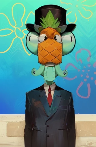 cartoon drawing of a man with a hat and a tie and a pineapple on his head, handsome squidward, handsome squidward portrait, handsome squidward as male, squidward, portrait bender from futurama, inspired by Pinchus Kremegne, portrait of bender from futurama, his head is a pear, pickle rick from rick and morty