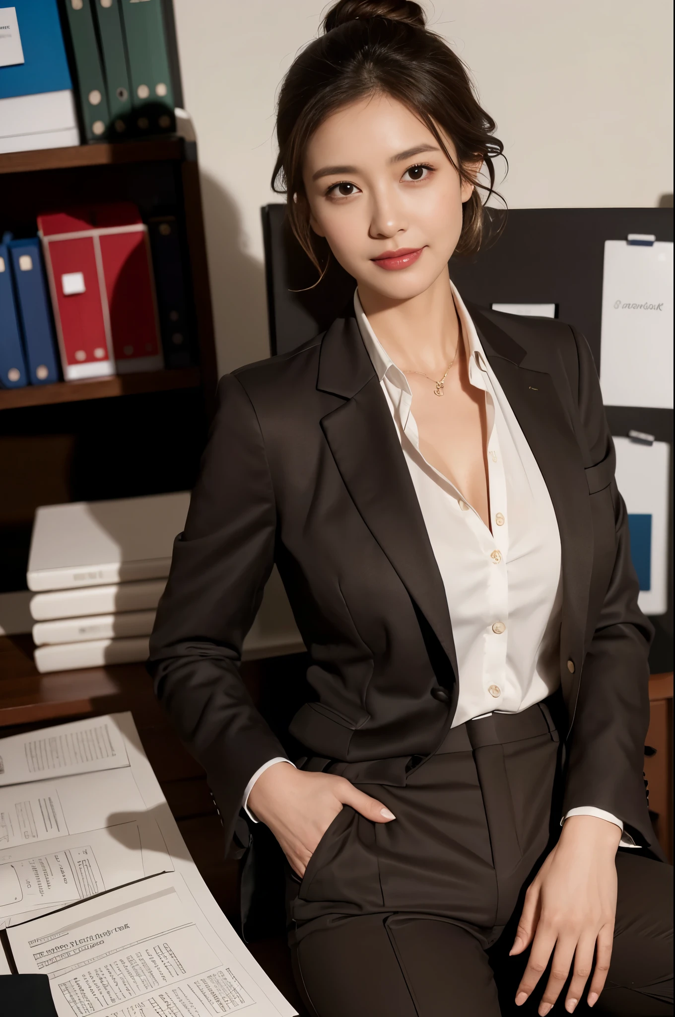 Erotic,selfie,tilted head,((realistic lighting, highest quality, 8k, master piece: 1.3)), clear focus: 1.2, 1 milf(Rose), wide angle lens, medium breasts,cleavage,beauty of perfect figure: 1.4, ((dark brown hair, half updo)), (suit and jacket under shirt and pants: 1.4), (At the office: 1.8), super detailed face, fine eyes, smile、