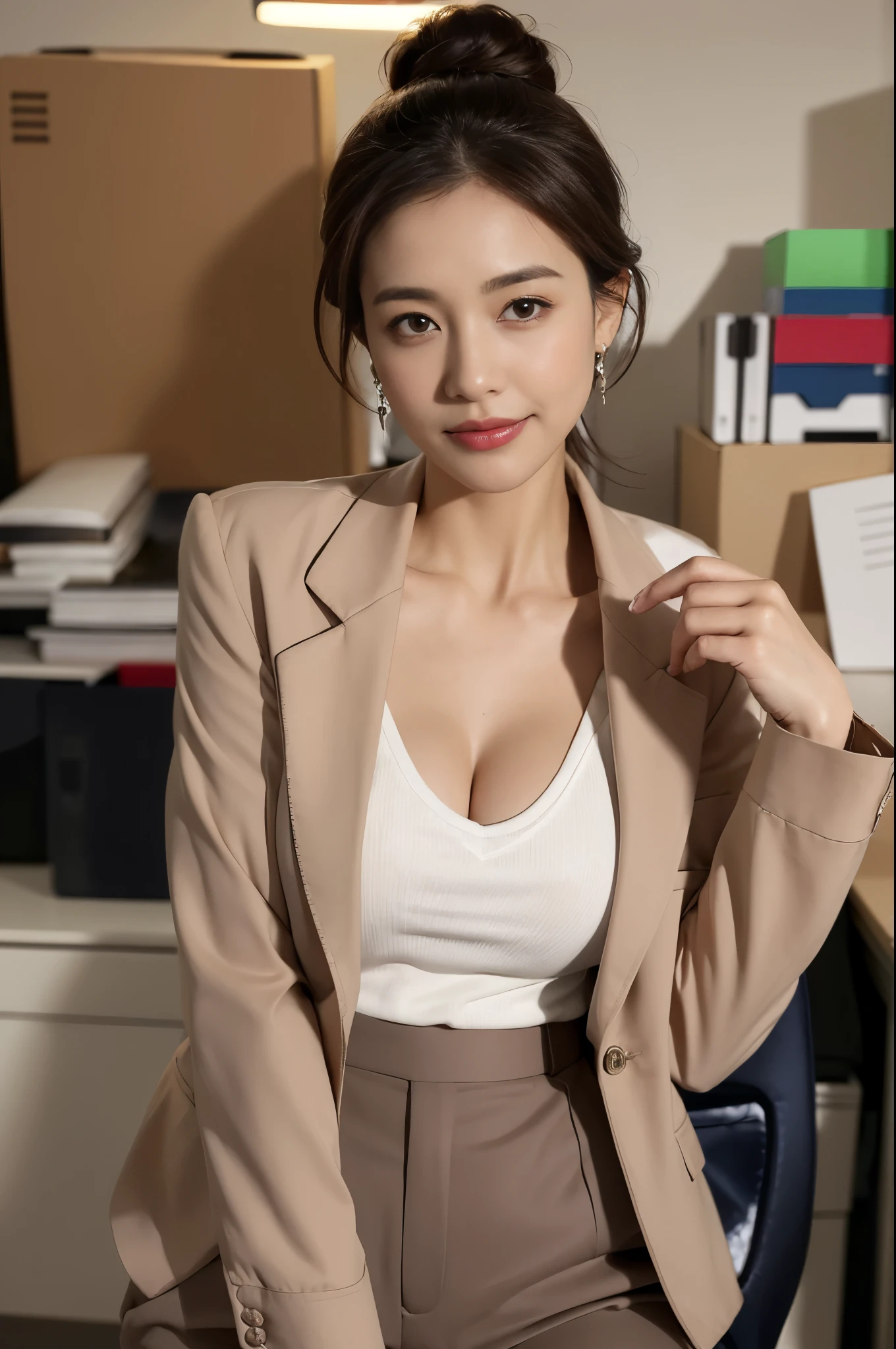 Erotic,selfie,tilted head,((realistic lighting, highest quality, 8k, master piece: 1.3)), clear focus: 1.2, 1 milf(Rose), wide angle lens, medium breasts,cleavage,beauty of perfect figure: 1.4, ((dark brown hair, half updo)), (suit and jacket under shirt and pants: 1.4), (At the office: 1.8), super detailed face, fine eyes, smile、