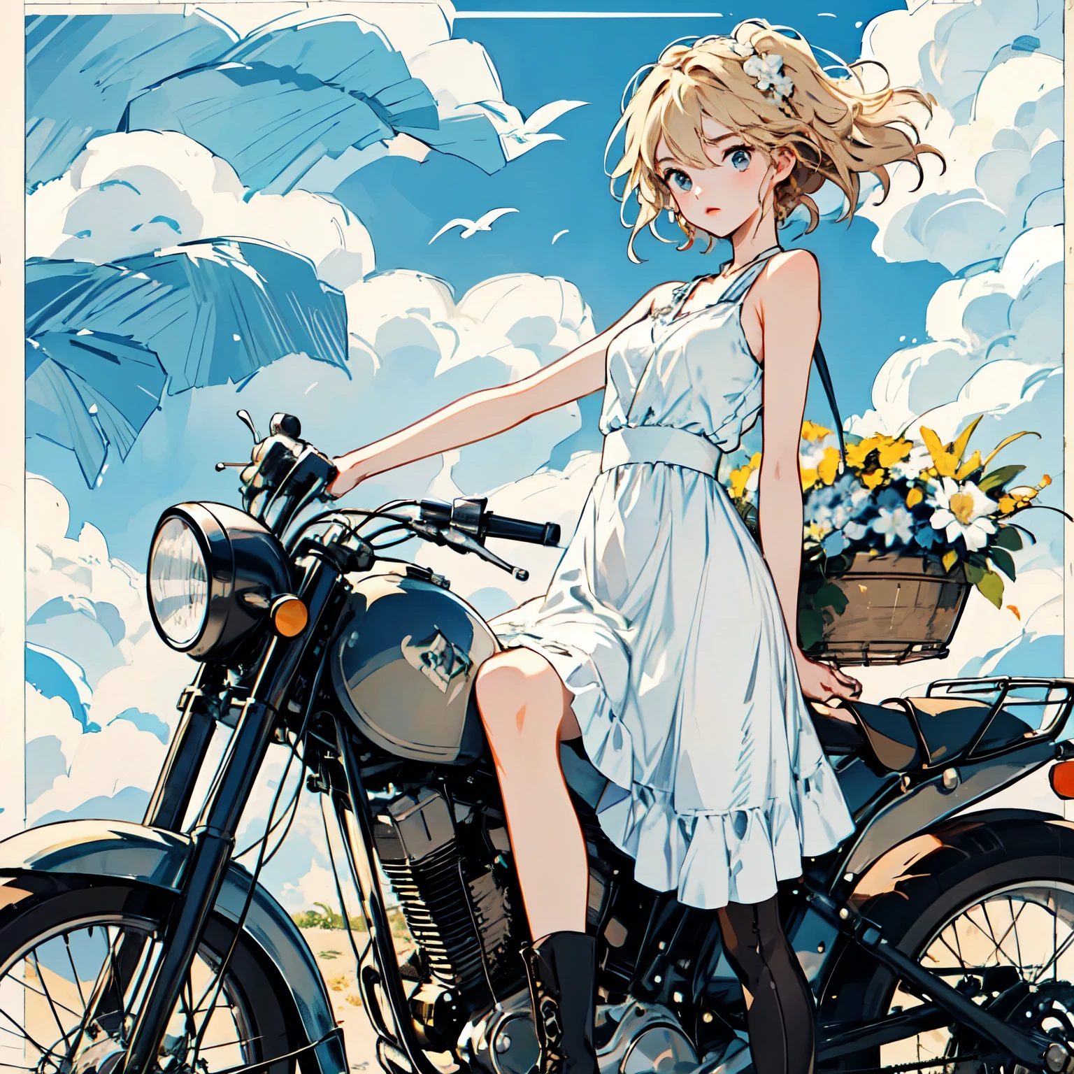(Ride a classic motorcycle )、(Goggles and helmet)、 summer, Wind, scratch, sun,, Perfect face and blonde hair、Wearing a light summer dress、Delicate beauty in black boots、