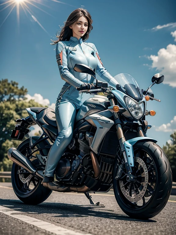 (realistic:1.5), 8K, Ultra-high definition beauty, 1 female, 30 years old, (a sunny day:1.5), intricate body details, (highest quality: 1.0), (Super high sharpness: 1.0),(Beautiful and delicate depiction of eyes),((((riding a motorcycle)))),unreal engine:1.4,photorealistic:1.4, skin texture:1.4, masterpiece:1.8,highest quality at best,full body shot、slender body、(((Light blue riding leather suit and long pants)))、long limbs、smile