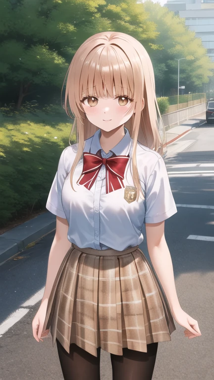 masterpiece, best quality, highres, Shiina Mahiru, long hair, red bowtie, white shirt, short sleeves, plaid skirt, brown skirt, pantyhose, standing, cowboy shot, outdoors