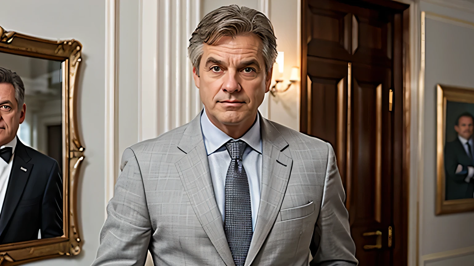 highest quality, Ultra-high resolution, (Realistic:1.4),(Grey suit:1.2),masterpiece, Blurred Background,Middle-aged men,Disheveled Hair,Are standing ,(View Viewer), 