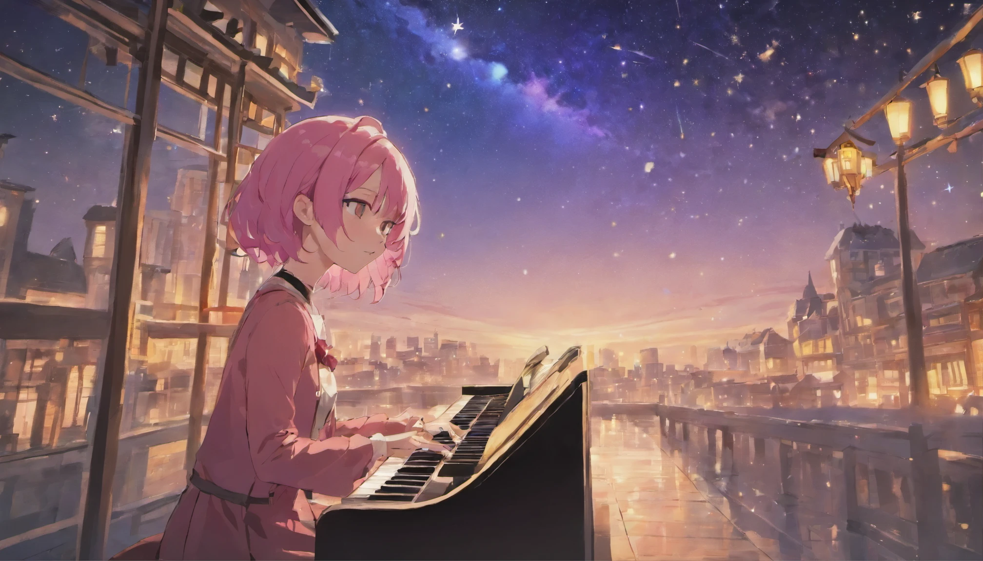 Imagine a scene of a girl playing piano under the stars.. anime, Pink Hair, Cat ear. That&#39;s her charm.