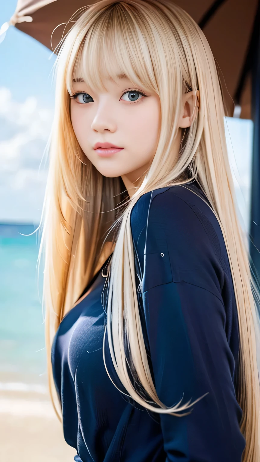 Sexy Big 、A cute 15-year-old girl with a sexy and cute look, beautiful and sexy face、A strong wind blows my hair in front of my face、With straight blonde hair、beautiful, Cute and sexy eyes hidden behind long bangs、I&#39;m wearing a choker、My bangs completely cover my eyes so I can&#39;t tell where they are、I have a tattoo on my arm、Cute ribbon🎀、Tops Fluorescent Bikini、Sunburned skin