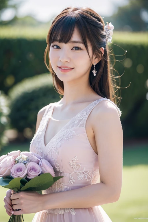 Medium display, Medium Shot, Written boundary depth, bust, Upper Body, Movie angle, masterpiece, highest quality, Very detailed, CG, 8k wallpaper, Beautiful Face, Delicate eyes, Otome, alone, smile, bangs, have,Purple Dress, bow, petal, bouquet