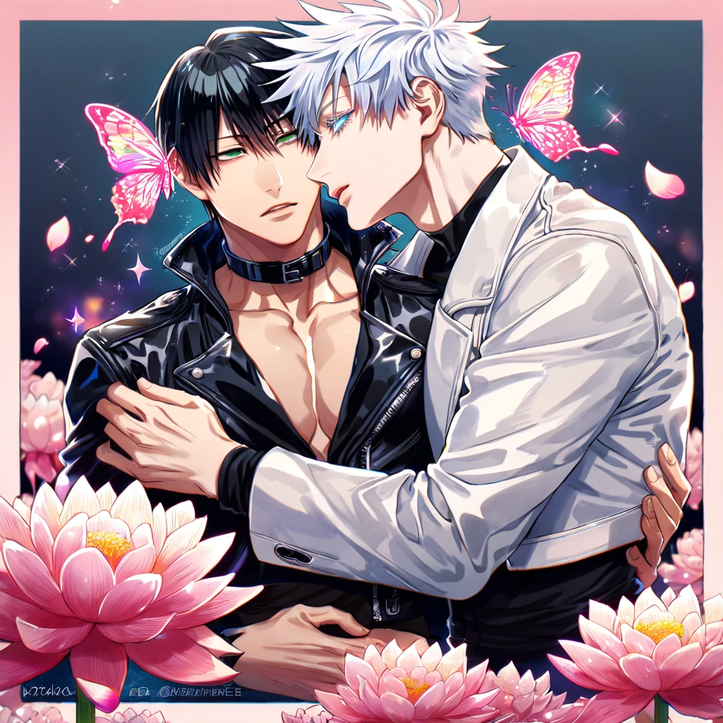 absurdres, highres, ultra detailed, HDR) master piece, best quality, Fushiguro Touji, black hair, expressive green eyes, black tight shirt, cropped leather jacket, black collar, Jujutsu Kaisen, Gojou Satoru, white hair, with bangs, expressive blue eyes, white eyelashes, white coat, two men together, yaoi, gay couple, handsome, toned chest, demon, magical fantasy, pink butterflies, glittering, sparkling, pink lotus, petals, radiant, water