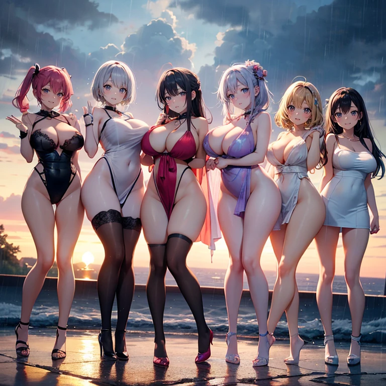highest quality, Super detailed, (Ultra-high resolution,8K), Ultra-high definition 4K, (Perfect Anatomy, Anatomically correct), (5 cute girls:1.4), (Beautiful Eyes), (Detailed eyes), (High-quality facial beauty), (In the Storm:1.2), (Photorealistic), (Detailed big breasts), Soft Skin, Glowing Skin, Keep your buttocks in close contact, (tight camisole dresses), Bright lighting, lined up vertically, Very heavy rain, (5 cute girls:1.4), colorful, Goddess-like beauty, Wave your hands loudly, (NSFW)