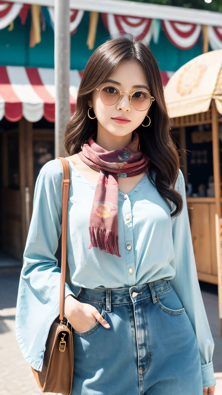 Japanese、Age 25、older sister、A randomly generated person with diverse facial features hairstyle、Perfect Anatomy,amusement park、Vintage Mix、Vintage patterned blouse、High waisted flared denim、Retro sneakers、Round sunglasses and scarf、Classic Crossbody Bag
