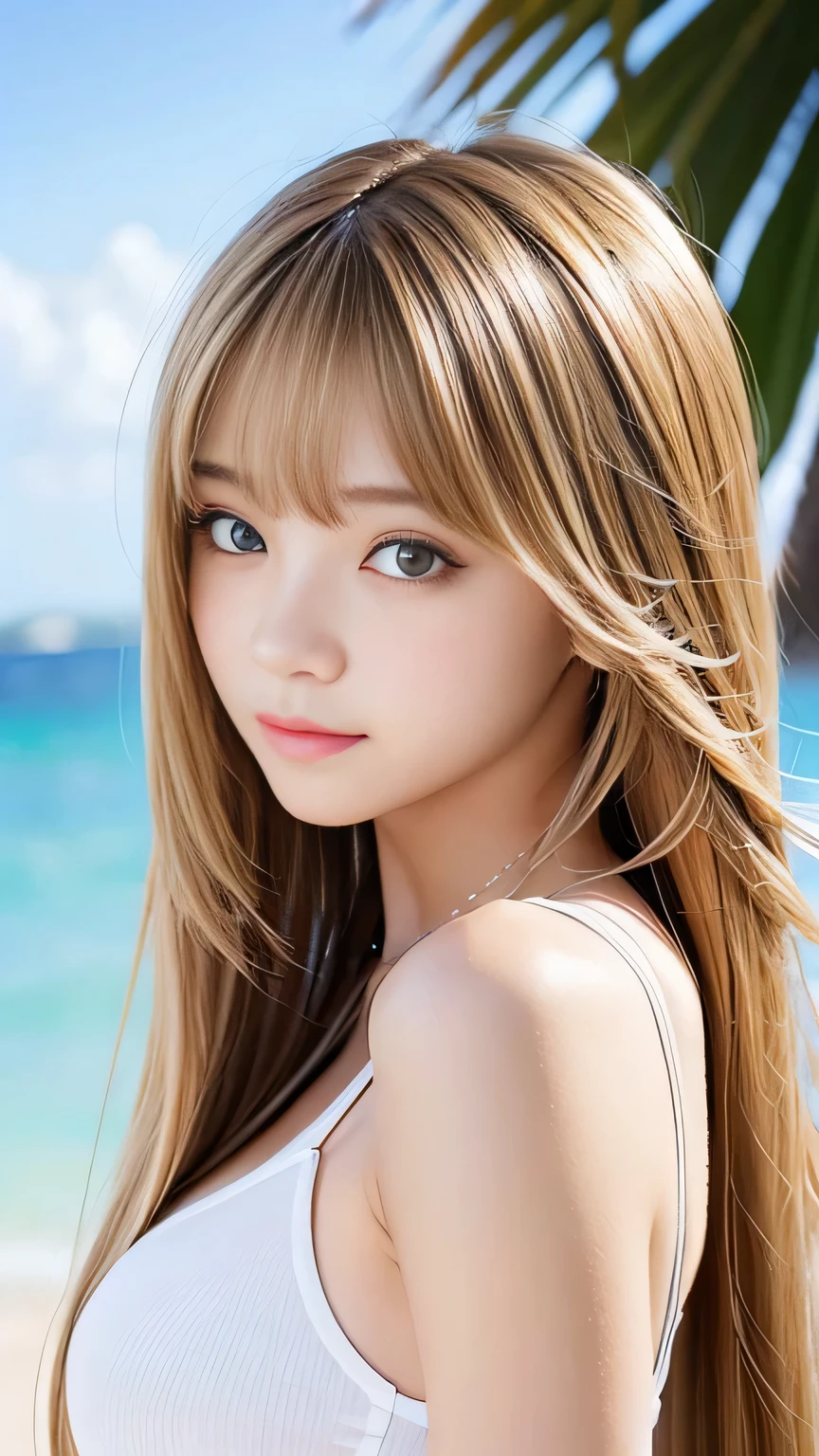 (High resolution:1.3), (16k, Photorealistic, Raw photo, Best image quality: 1.4), Japanese, (One Girl), Beautiful Face, (A vivid face), (Blonde、Long Hair:1.3), Beautiful Hairstyles, Realistic eyes, Beautifully detailed eyes, (Realistic Skin), Beautiful skins, attractive, 超A high resolution, Surreal, High detail, Golden Ratio, Highly detailed cute girl,(20-year-old), Beach、Professional Diver