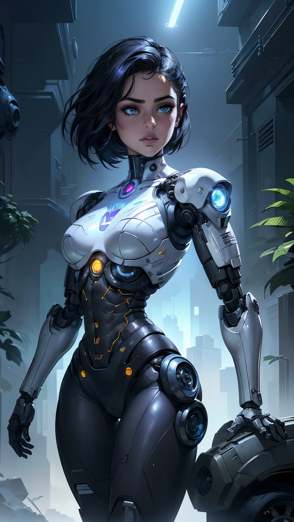 (La mejor calidad,A high resolution,Ultra - detallado,actual),Selena Gomez es un robot con una planta en la cabeza, (amable chica cyborg con flores y plantas :1.4) , retrato de mujer humanoide, hermosa chica blanca cyborg, retrato de una mujer androide, (cyborg vegetable mechanical foliage :1.4) , retrato de un robot futurista, (hermosa chica cyborg white :1.4) , retrato de mujer androide, hermosa cyborg femenina, hermosa y seductora cyborg femenina, (cyberpunk en el follaje cyborg :1.4) , (mujer cyborg perfecta), More detailed 8K.motor irreal:1.4,UHD,La mejor calidad:1.4, fotorrealista:1.4, textura de la piel:1.4, obra maestra:1.8,obra-prima, mejor calidad,objeto Objeto], (detailed face features:1.3),(Las proporciones correctas),(Ojos hermosos azules:1.4 ),  (pose vaquero),(Fondo de ruinas de mazmorra en ruinas:1.4 ), (perfect anatomy :1.4),(face detailed :1.4), ( cinematic lighting :1.4), (dynamic cowboy pose), (Selena Gomez V2.1), (Selena Gomez :1.4), Mechanical vertebrae attached to the back, mechanical cervical attachment to the neck, alambres y cables que se conectan a la cabeza, Evangelion, small bright LED lamps, (cyborg plastic transparent white mecánico:1.4) 