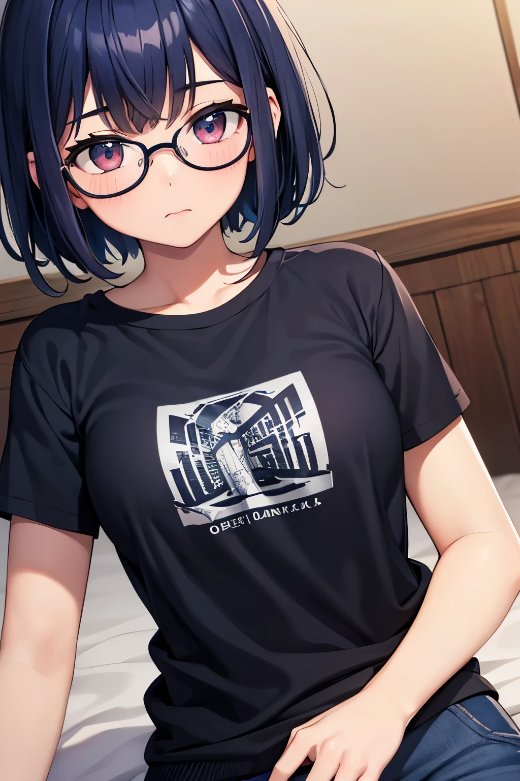 1girl,This detailed CG illustration at 8k resolution is of the highest quality and offers ultra-detailed detail. tetas con una altura de 2 y 1.0 centimeters and a thickness of 8.54 centimeters. El Messy Short Hair, personaje destaca (con su cabello azul oscuro y Azul acero y Azul regio y Azul) y (sus ojos morados y Violeta color) y Magenta, creando un contraste llamativo. Luce unas gafas y camiseta de bermuda