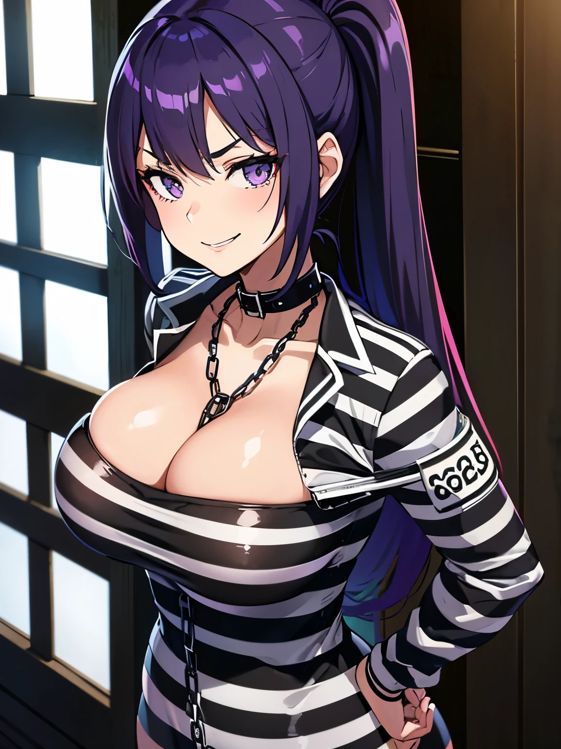 Mugshot, anime girl in black and white striped prisoner uniform, hands cuffed or chained, cleavage, big breasts, purple hair, evil smile, jail, cell, prison