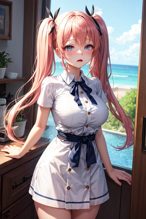 masterpiece、highest quality、Very detailed、Photograph the upper body、1 female、(Arms behind your back:1.4)、Are standing、Turn your body forward、View your viewers、(White prim、Maid:1.1、School Swimsuit:1.1、Waist Apron)、blush、shy、Pink Hair、Open your mouth、Ocean、Big Breasts、