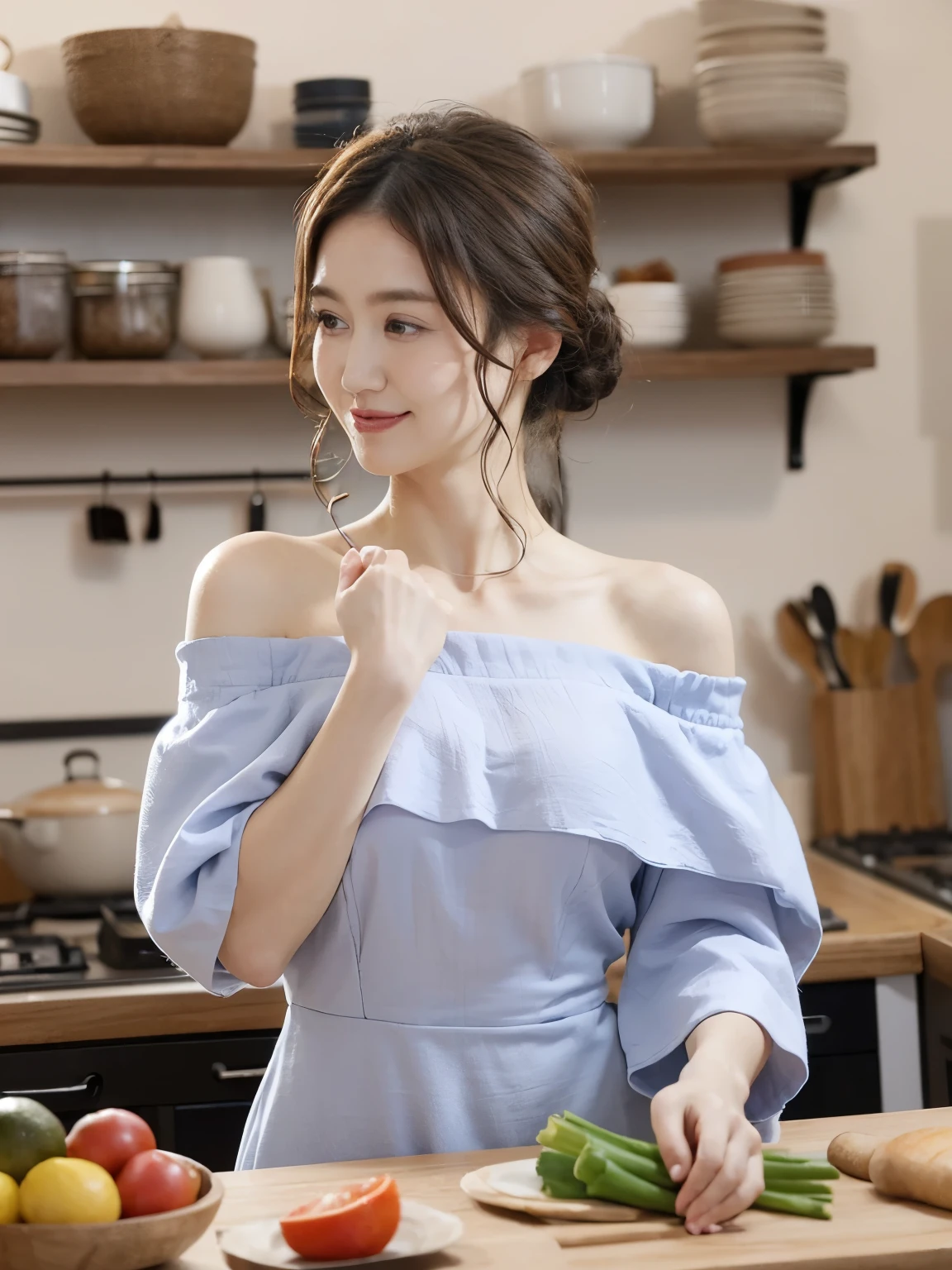 (best quality, masterpiece, Super detailed, Ultra-high resolution, Reality), Off-shoulder dress, Curly hair to the shoulders，Haggard face，Powerful body，35-year-old woman，Chop vegetables in the kitchen