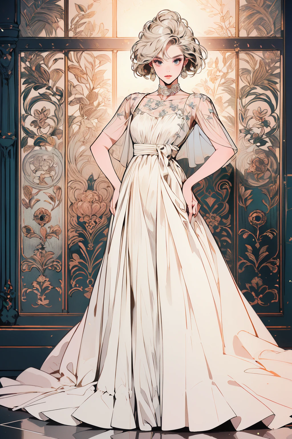 Modelos, Profesional: 1.6, (mejor calidad, 4k, 8K, high resolution, obra maestra: 1.2), ultra detallado, realista, estilo moderno, Moda elegante, tiro de cuerpo completo: 1.5, plano general: 1.5, elegante, ((ropa para modelar, vestido largo de encaje blanco hermoso:1.7)), Accesorios, elegante pose as a model, cabello moderno y hermoso, by the chestnut, vistoso, fondo negrita, studio lighting, dynamic and elegante pose .