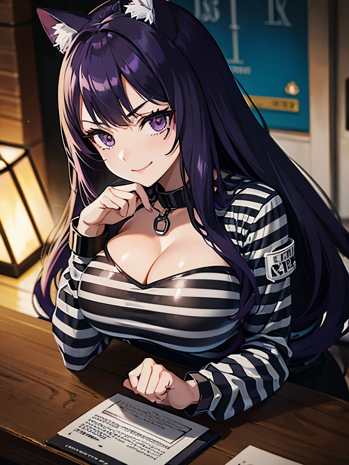 Mugshot, anime girl in black and white striped prisoner uniform, hands cuffed or chained, cleavage, big breasts, purple hair, evil smile, jail, cell, prison