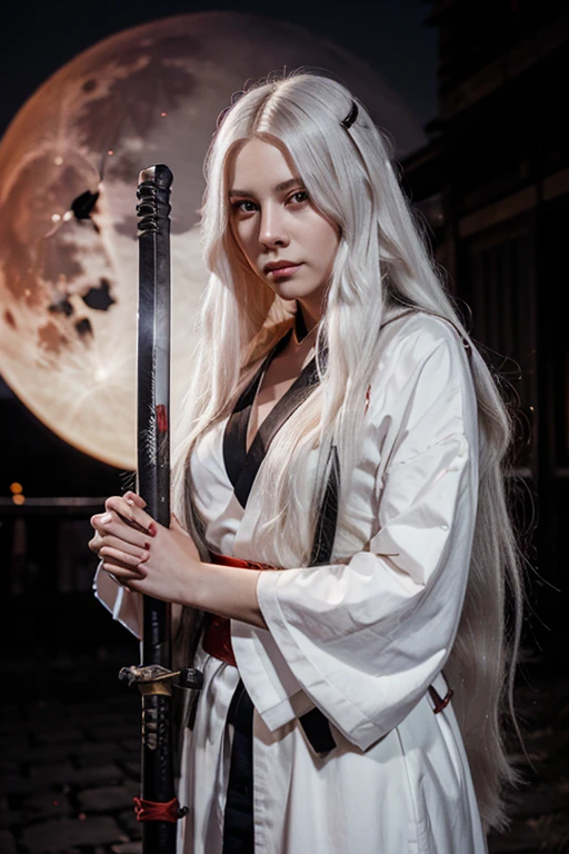 young woman with long white hair and red eyes holding a katana in a night with red moon