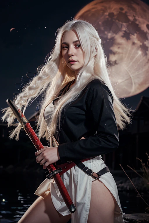 young woman with long white hair and red eyes holding a katana in a night with red moon