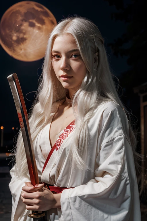 young woman with long white hair and red eyes holding a katana in a night with red moon