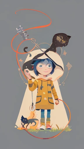 cartoon illustration of a man with a key and a cat, coraline, 2 d illustration, 2d illustration, madeline from celeste, 2d digital illustration, stylized digital illustration, digital illustration -, the'other mother'from'coraline ', by Altichiero, six from little nightmares, digital 2d illustration, 2 d gouache illustration
