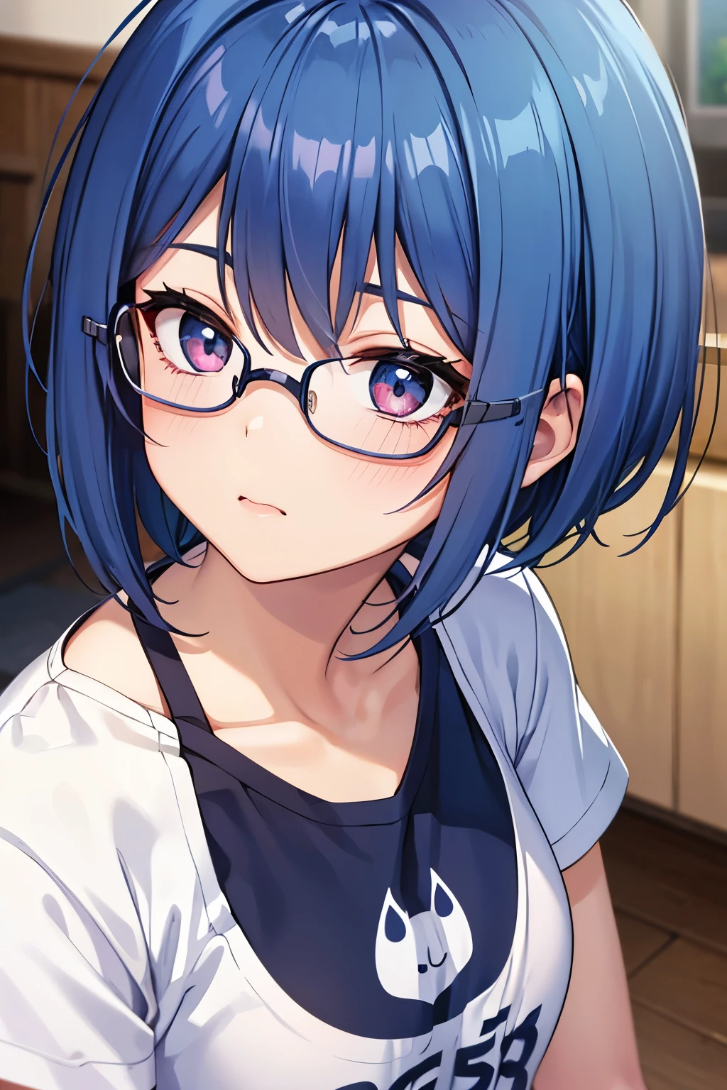 1girl,This detailed CG illustration at 8k resolution is of the highest quality and offers ultra-detailed detail. tetas con una altura de 2 y 1.0 centimeters and a thickness of 8.54 centimeters. El Messy Short Hair, personaje destaca (con su cabello azul oscuro y Azul acero y Azul regio y Azul) y (sus ojos morados y Violeta color) y Magenta, creando un contraste llamativo. Luce unas gafas y camiseta de bermuda