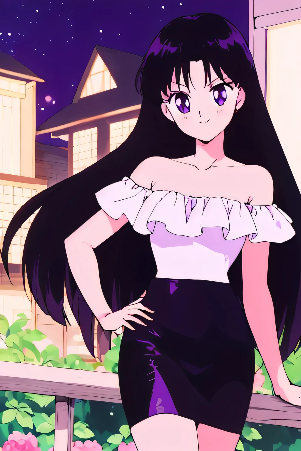 (retro anime girl:1.2), (masterpiece:1.2), (best quality), (ultra detailed), (8k,4k), (half body:1.2), (cowboy:1.2), (close up:1.2), (highly detailed:1.2), (White Ruffle Off-the-shoulder top:1.4), (purple skin tight pencil skirt:1.4), Rei Hino, 1 girl, solo, Best quality, masterpiece, High Definition, Teenager, Purple Eyes, Beautiful Detail Eyes, Black Hair, Long Hair, Good hands at sides, Seductive Smile, Blushing, Bare Neck, Bare Arms, Bare Shoulders, short sleeve, Strapless, White Ruffle Off-the-Shoulder Top, purple skin tight pencil skirt, standing at the railing in her garden, looking at viewers, garden, night, blue skies, stars, rose bushes, outdoor gazebo