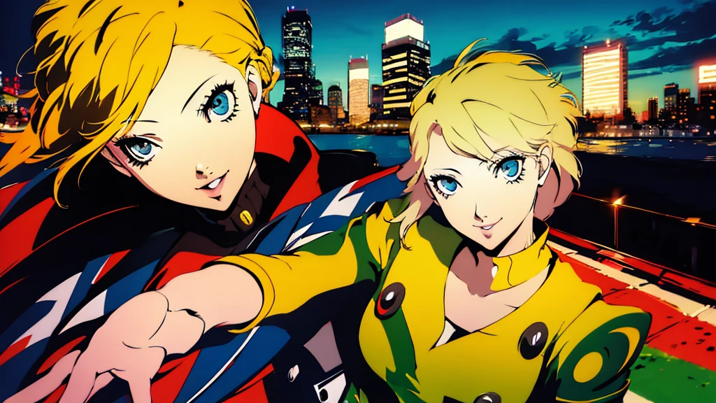 1girl, expressive eyes, wink, sneaky smile, patterned clothes dress, jojo poses, big urban city in night time in background, detail richness, masterpiece, best quality, PERSONA style, Soejima Shigenori style