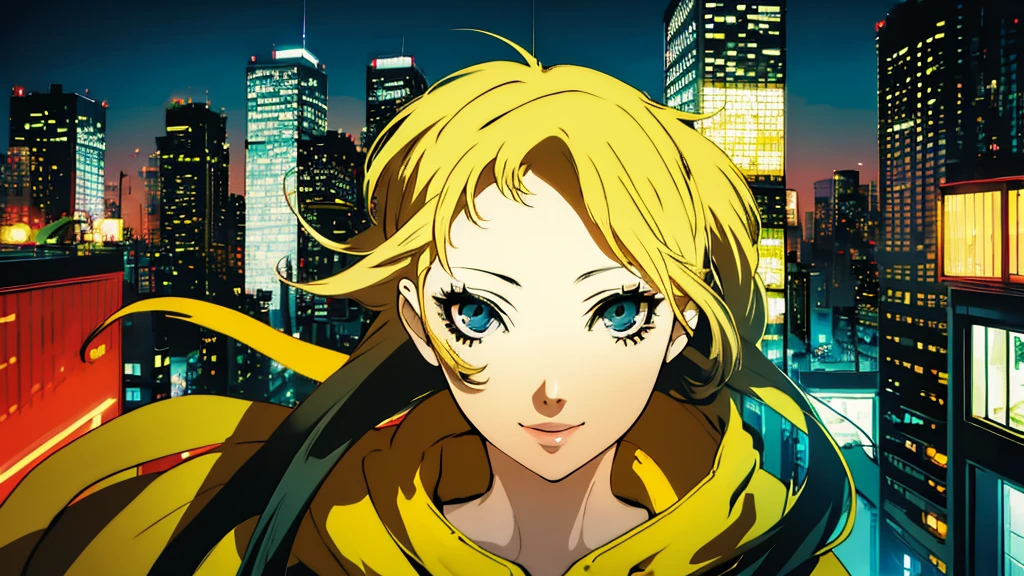 1girl, expressive eyes, wink, sneaky smile, patterned clothes dress, jojo poses, big urban city in night time in background, detail richness, masterpiece, best quality, PERSONA style, Soejima Shigenori style