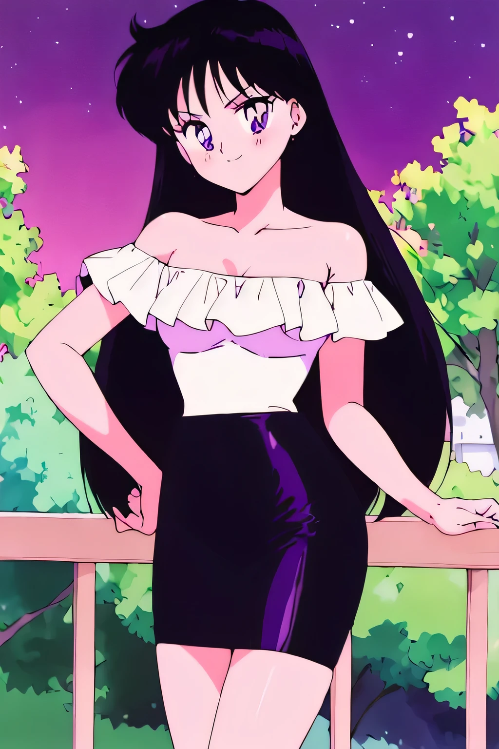 (retro anime girl:1.2), (masterpiece:1.2), (best quality), (ultra detailed), (8k,4k), (half body:1.2), (cowboy:1.2), (close up:1.2), (highly detailed:1.2), (White Ruffle Off-the-shoulder top:1.4), (purple skin tight pencil skirt:1.4), Rei Hino, 1 girl, solo, Best quality, masterpiece, High Definition, Teenager, Purple Eyes, Beautiful Detail Eyes, Black Hair, Long Hair, Good hands at sides, Seductive Smile, Blushing, Bare Neck, Bare Arms, Bare Shoulders, short sleeve, Strapless, White Ruffle Off-the-Shoulder Top, purple skin tight pencil skirt, standing at the railing in her garden, looking at viewers, garden, night, blue skies, stars, rose bushes, outdoor gazebo