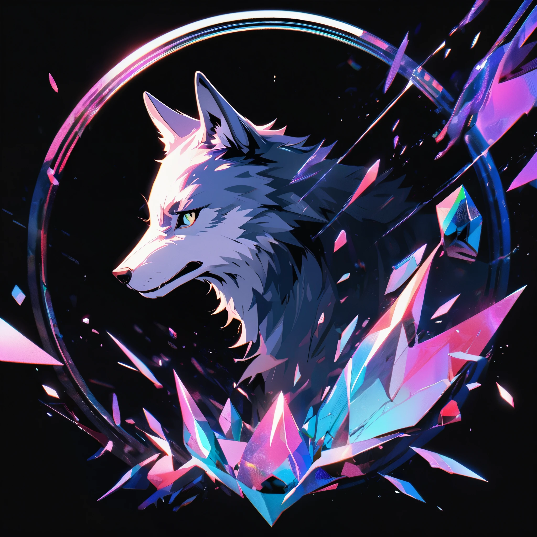 simple, cool, symbol logo, facial profile, 8k, a wolf, crystals floating in a circle
