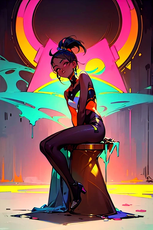 "blurry brushstrokes" , "painted light" , "figurative surrealism art" , "pastel and neon colors" , "biomechanicalistic portraits of a young darkskinned woman, solo, sexy, vibrant and raunchy vibes" , "stylistic seated poses" , "conceptual grafitti street art style sketching"