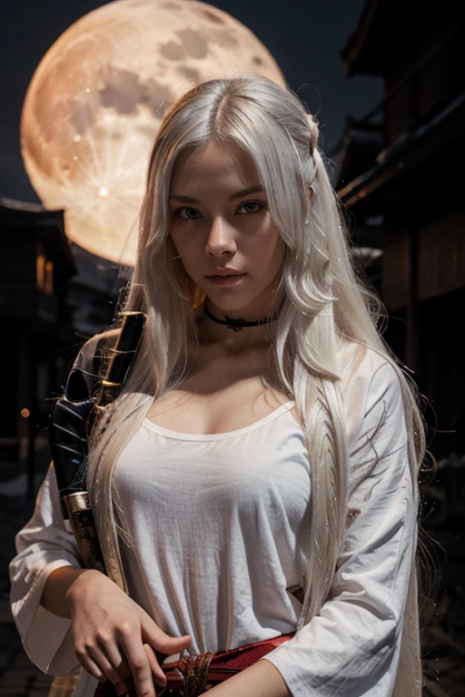young woman with long white hair and red eyes holding a katana in a night with red moon
