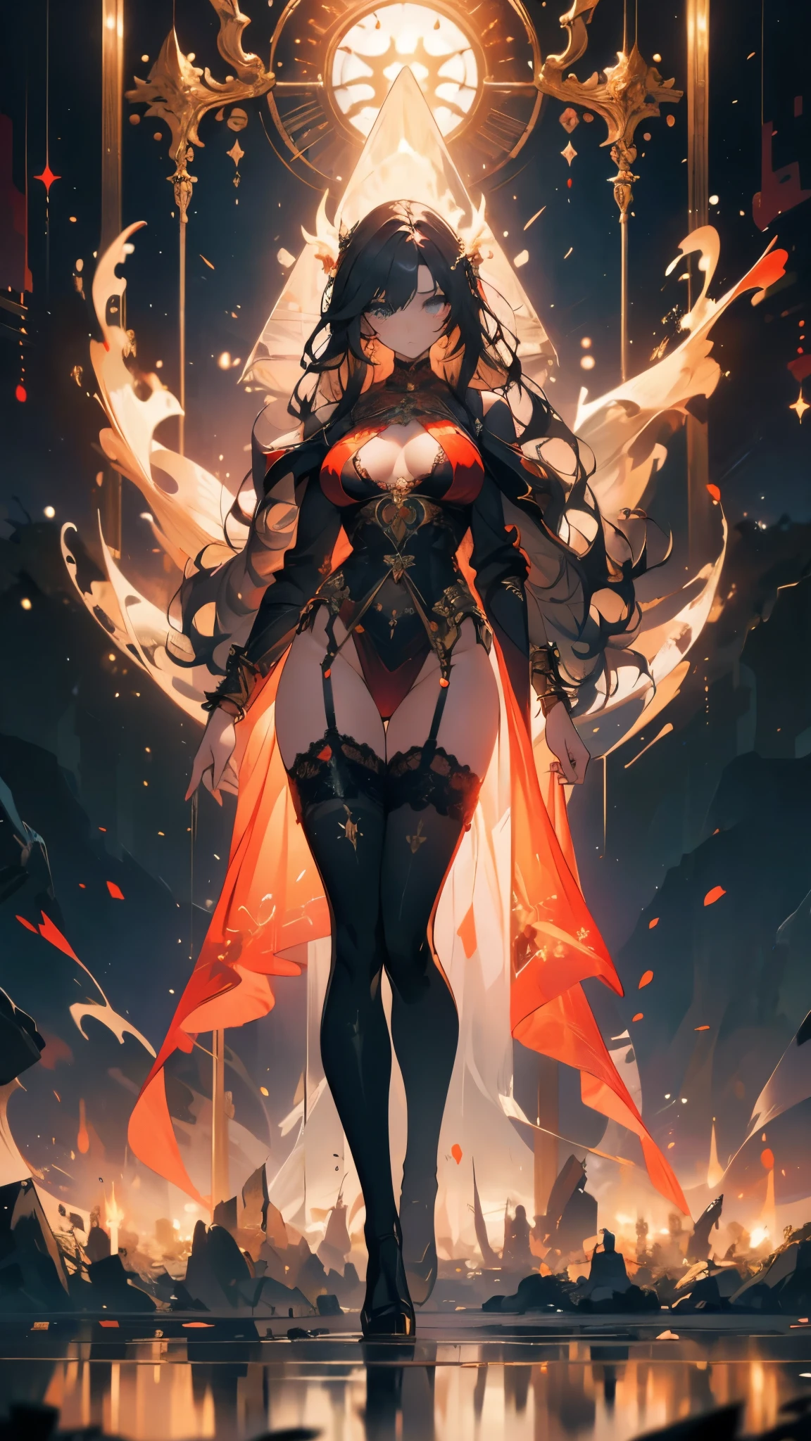 ((masterpiece, best quality)), Delicate face，Mage，Full body painting，Perfect body proportions，Large Breasts，Long legs，Long wavy hair，beautiful eyes，Fantasy style，Extremely beautiful，flame，magic，transparent，Sex bikini，Lace，Garter stockings，exposed