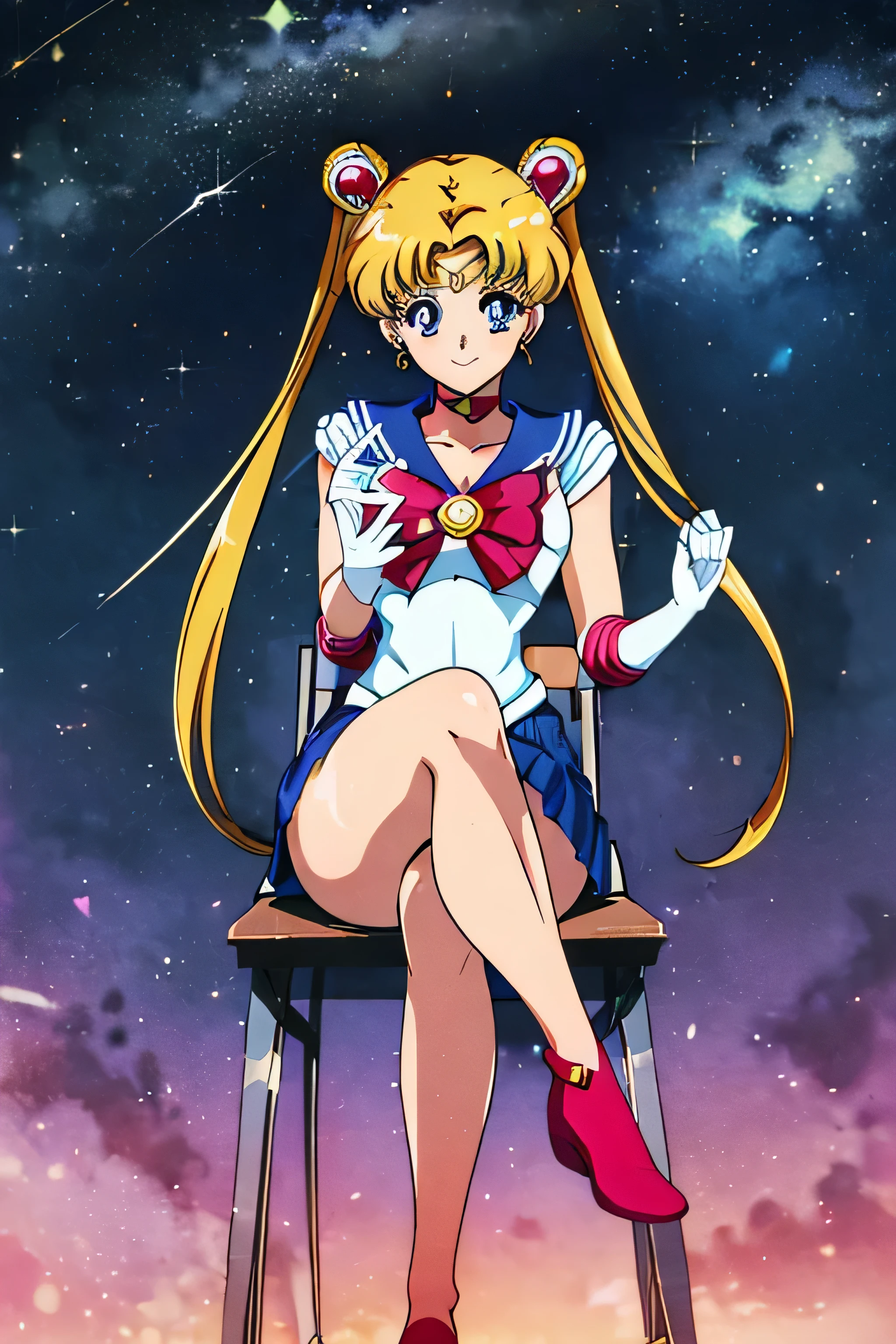 masterpiece, best quality, absurdres, perfect antomy, 1girl, solo, SMMoon, 1990s \(style\), blonde sailor moon, standing, smile, cowboy shot, sailor senshi uniform, sailor collar, blue skirt, elbow gloves, big booty, ultra mini skirt , sitting , crossed legged, cross legs, sitting.( CROSS LEGS)