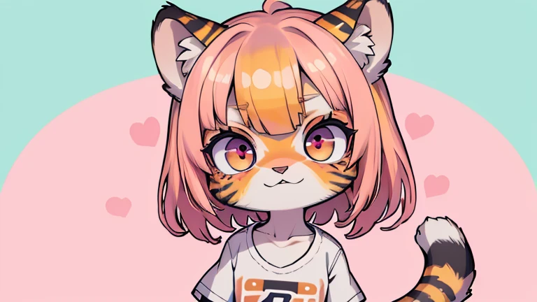 (obra maestra, Alta calidad, mejor calidad, 8K, high resolution), ((estilo chibii, Chibi lindo)), (solo, 1 girl), {Tiger Girl, cara de tigre, 2 colmillos, long eyelashes, delineador de ojos} {bigotes de tigre}, (((Piel de tigre por todo el cuerpo., Rayas de tigre en el cuerpo.))), (pelo naranja), cabello corto, Pinza para el cabello, [[Pinza para el cabello white flower on hair]], ((Muy feliz)), ((boca abierta)), ojos naranjas, [pupilas negras], ((buscando)), (very small breasts), brazos delgados, (un brazo arriba, un brazo hacia abajo), axilas, ((mini camiseta rosa, camiseta rosa completa)), {shorts blancos}, {{{mini cola de tigre, Cola en la espalda}}}, (cuerpo completo), (((de pie, jump angle))), dynamic pose, Fondo blanco, fondo sencillo, ((((Estilo Tora-chan no Hanayome)))), (old anime style 40s), estilo animado, anime color.