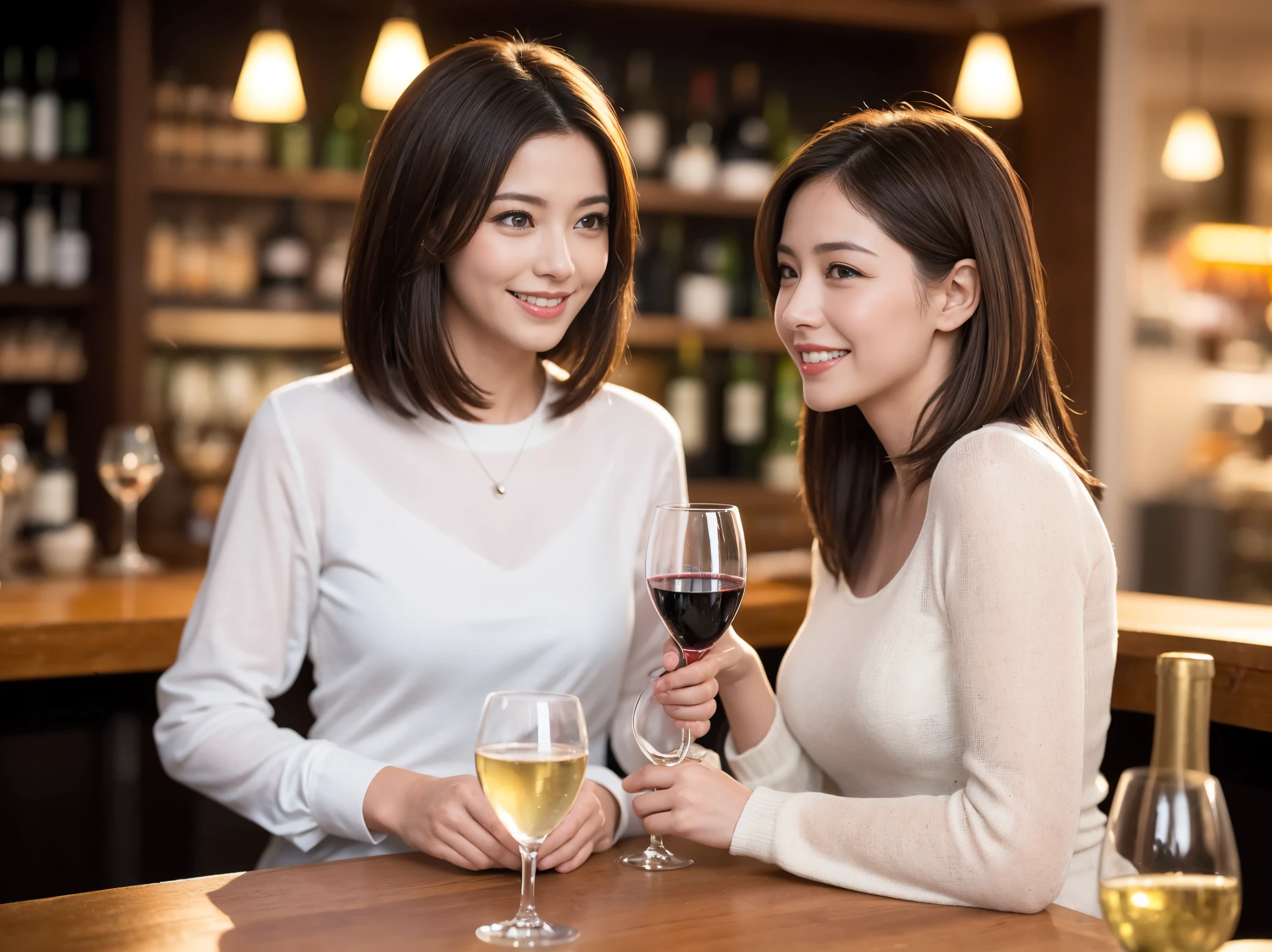 ((highest quality、8k、masterpiece:1.3))、1 male、1 female、Satomi Ishihara-like beautiful couple、Spouse、Brown Hair Couple、The body is slim、((Bob Hale、Straight hair:1.2)), (Realistic, Intricate details:1.2), テーブルの上のwine glass、Shine light on your face、 Amazing view of the sunset sky and clouds、Amazing mountain views、A bright smile、The wonderfulness of smile、Bright image、The beauty of wine, Beautiful Face, blue eyes, The light shines on your face, Blushing, short hair,Bright Face、 (Age 37), 39 years old, red wine 、Appetizers、Italian food、Wine bottle、Champagne、sparkling wine、Two beauties、Brown Hair、Shortcuts、Long sleeve shirt、dress、Pretty Woman 1, (slimな顔), (The body is slim), (Brown Hair), (Shortcuts), cheeks turn a little red,Attractive beauty、restaurant, In a prominent place (From the waist up) Nova Frog Style, actress, model, Upper Body, White wine, slim, wine glass, 中央に置かれたwine glass, smile, (smile: 1.15), Beautiful fine grain, Depth f/2,saturation, High Contrast, Strong light and shadow,Moist Body:1.5、3D texture、Delicate eyes、Brown Hair、The hair is very shiny、