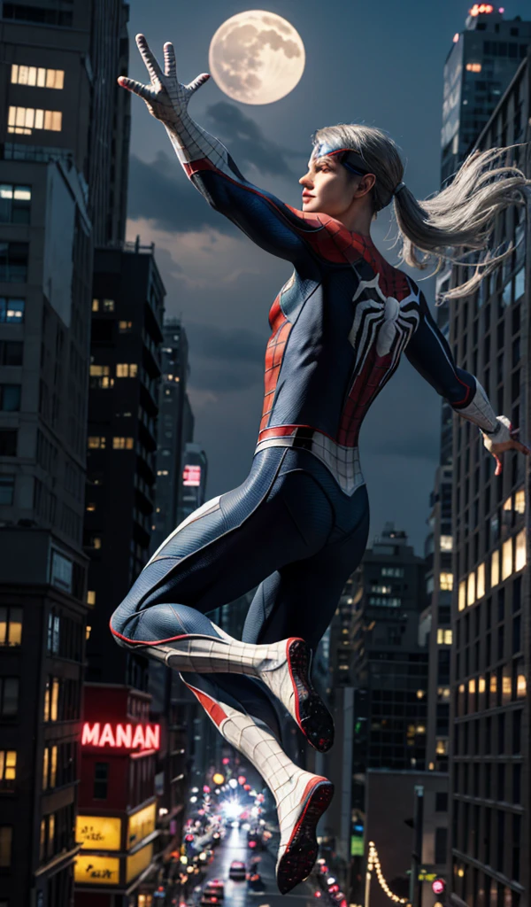 (​masterpiece、4K resolution、A hyper-realistic、ighly detailed)、(White Superhero Theme、Charisma、There's a girl in a Spider-Man costume over town、She's a superhero)、 [((30-years old)、(Long grey hair:1.2)、full body Esbian、(blue eyess:1.2)、((Spider-Man pose)、show of strength、Jump from one building to another)、(Look back)、((Sandy urban environment):0.8)|(A city scape、natta、Dinamic Light)、(fullmoon)]#illustrate:Prompts are mainly ultra high definition、very real、Describes highly detailed 4K paintings。A superheroine in a Spider-Man costume is depicted at the top of the city。The theme of the picture is white superhero theme、The female protagonist has long white hair and、At the age of 30、Her whole body is shown in the painting。In terms of depicting the actions of superheroines、Spiders are employed